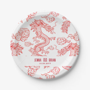 Dragon Style Double Happiness Symbol White Style Paper Plate