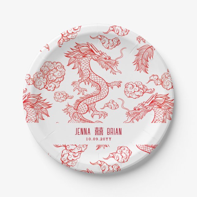 Dragon Style Double Happiness Symbol White Style Paper Plate (Front)
