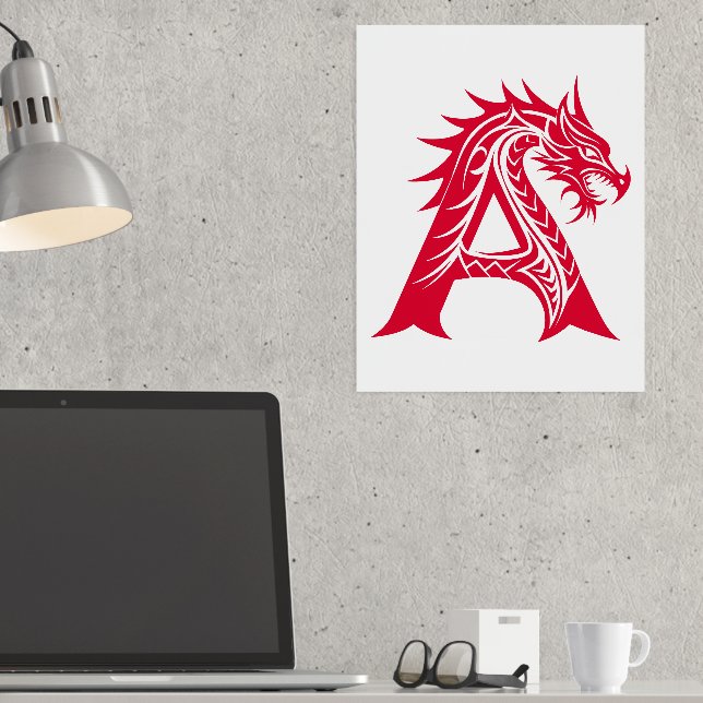 Dragon Styled Letter A, Dragon Alphabet, Monogram Foil Prints (In Situ (Desk))