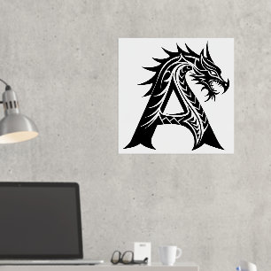 Dragon Styled Letter A, Dragon Alphabet, Monogram Foil Prints