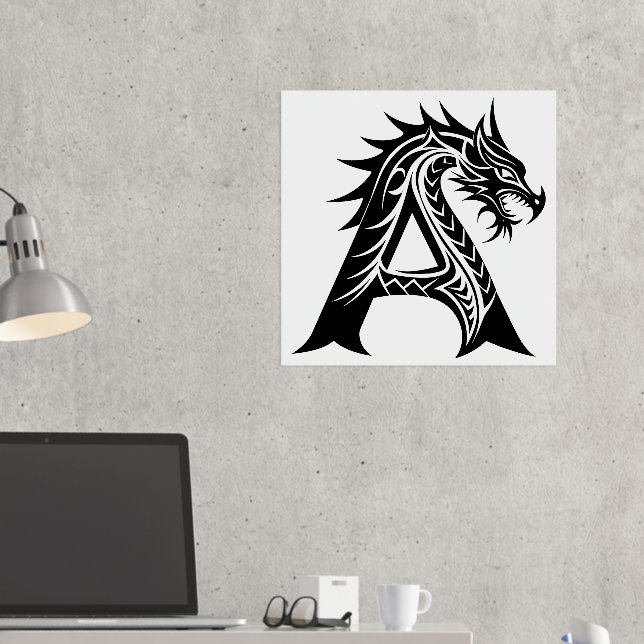 Dragon Styled Letter A, Dragon Alphabet, Monogram Foil Prints (In Situ (Desk 2))