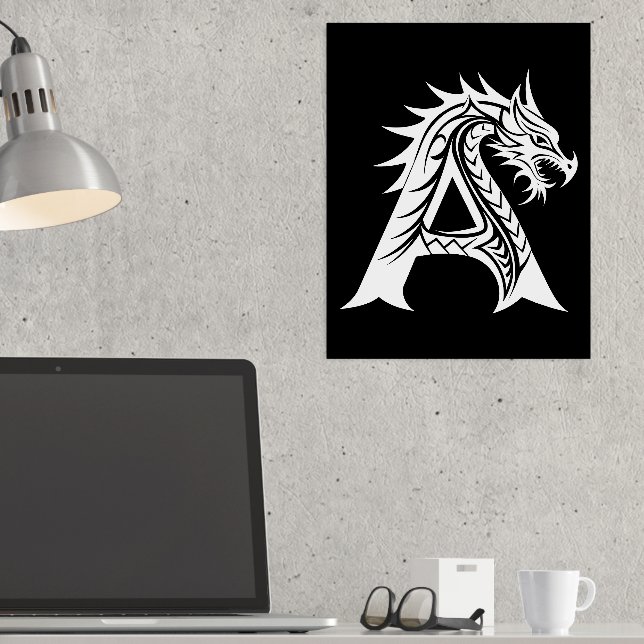 Dragon Styled Letter A, Dragon Alphabet, Monogram Foil Prints (In Situ (Desk))