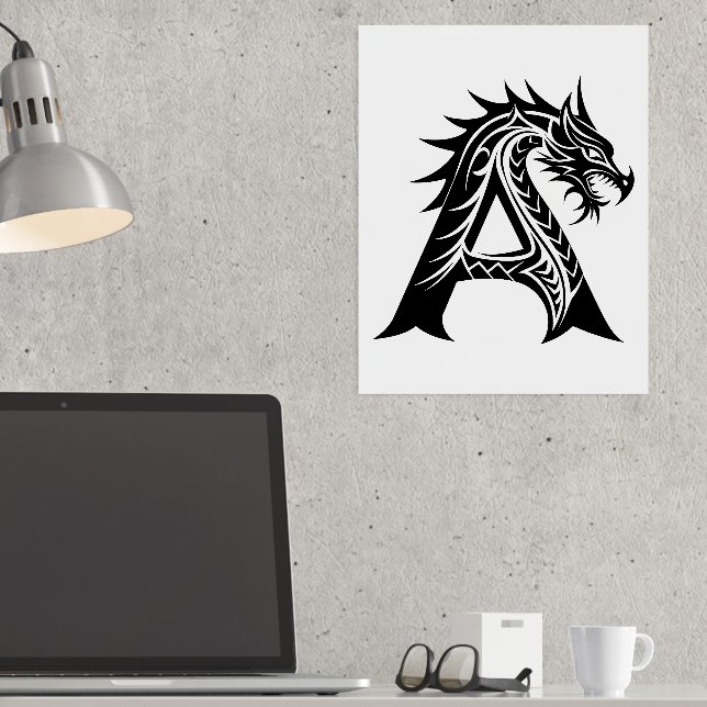 Dragon Styled Letter A, Dragon Alphabet, Monogram Foil Prints (In Situ (Desk))