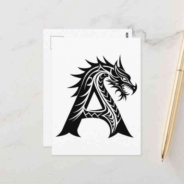 Dragon Styled Letter A, Dragon Alphabet, Monogram Postcard (Front/Back In Situ)