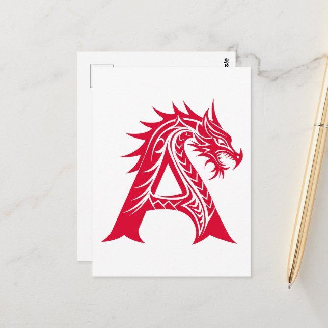 Dragon Styled Letter A, Dragon Alphabet, Monogram Postcard (Front/Back In Situ)