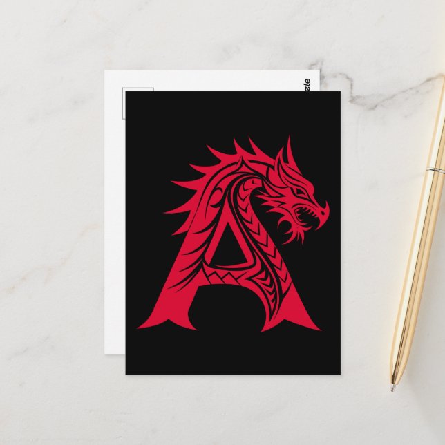 Dragon Styled Letter A, Dragon Alphabet, Monogram Postcard (Front/Back In Situ)