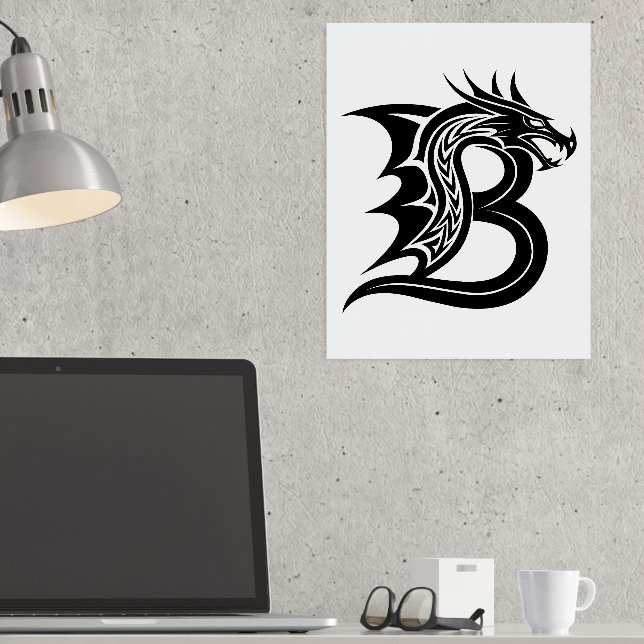Dragon Styled Letter B, Dragon Alphabet, Monogram Foil Prints (In Situ (Desk))