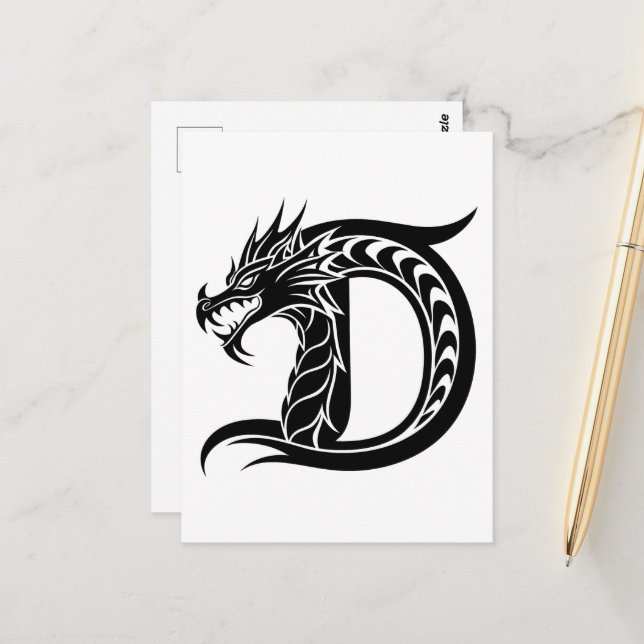 Dragon Styled Letter D, Dragon Alphabet, Monogram Postcard (Front/Back In Situ)