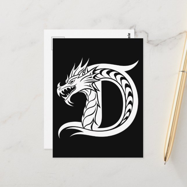 Dragon Styled Letter D, Dragon Alphabet, Monogram Postcard (Front/Back In Situ)