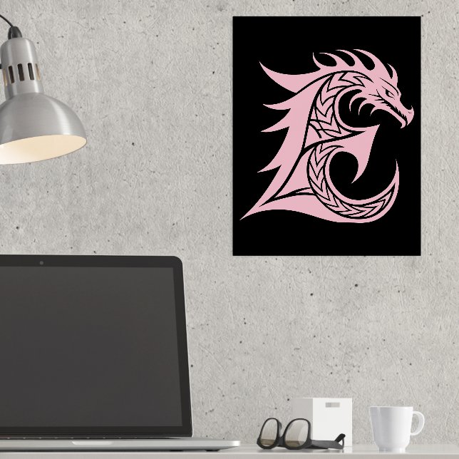 Dragon Styled Letter E, Dragon Alphabet, Monogram Foil Prints (In Situ (Desk))