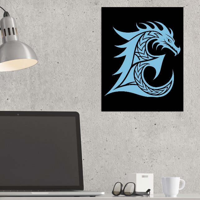 Dragon Styled Letter E, Dragon Alphabet, Monogram Foil Prints (In Situ (Desk))