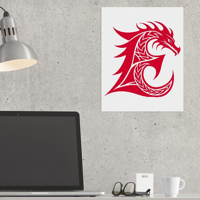 Dragon Styled Letter E, Dragon Alphabet, Monogram Foil Prints (In Situ (Desk))
