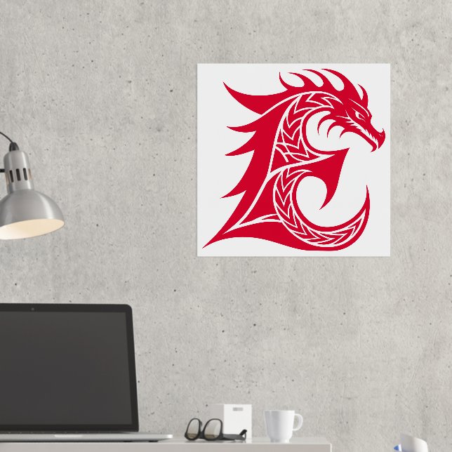 Dragon Styled Letter E, Dragon Alphabet, Monogram Foil Prints (In Situ (Desk 2))