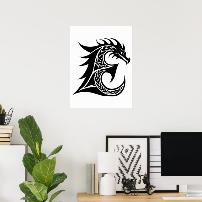 Dragon Styled Letter E, Dragon Alphabet, Monogram Poster (Home Office)
