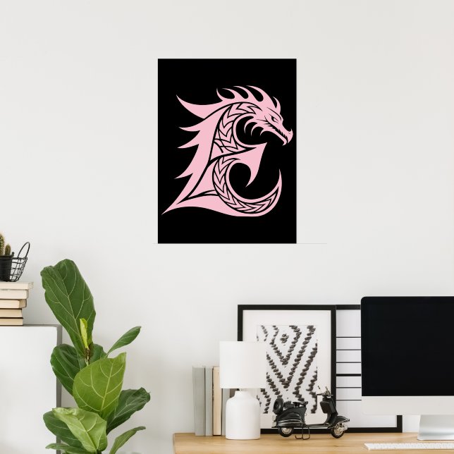 Dragon Styled Letter E, Dragon Alphabet, Monogram Poster (Home Office)