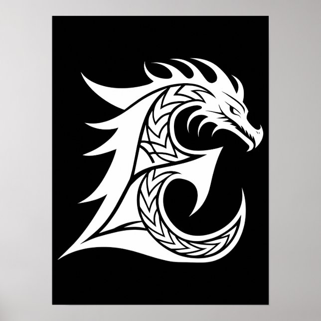 Dragon Styled Letter E, Dragon Alphabet, Monogram Poster (Front)