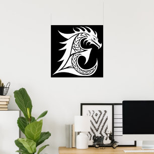Dragon Styled Letter E, Dragon Alphabet, Monogram Poster