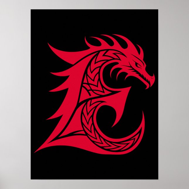 Dragon Styled Letter E, Dragon Alphabet, Monogram Poster (Front)