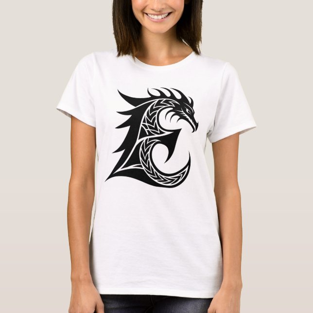 Dragon Styled Letter E, Dragon Alphabet, Monogram T-Shirt (Front)
