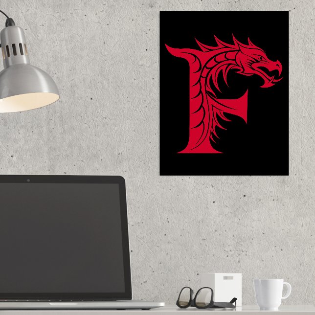 Dragon Styled Letter F, Dragon Alphabet, Monogram Foil Prints (In Situ (Desk))