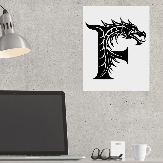 Dragon Styled Letter F, Dragon Alphabet, Monogram Foil Prints (In Situ (Desk))