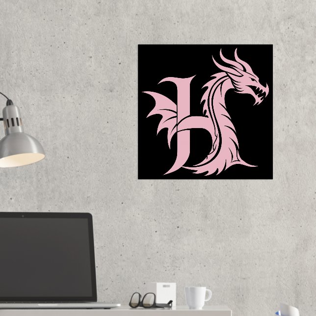 Dragon Styled Letter H, Dragon Alphabet, Monogram Foil Prints (In Situ (Desk 2))
