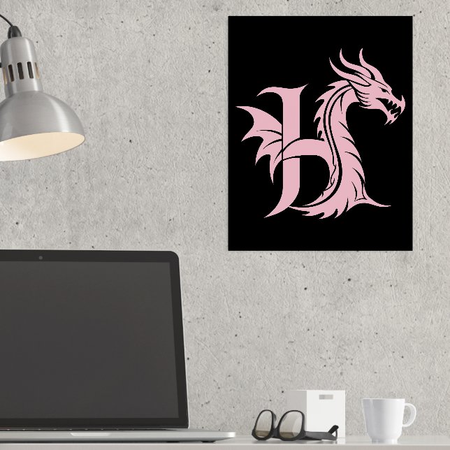 Dragon Styled Letter H, Dragon Alphabet, Monogram Foil Prints (In Situ (Desk))