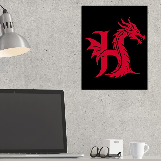 Dragon Styled Letter H, Dragon Alphabet, Monogram Foil Prints (In Situ (Desk))