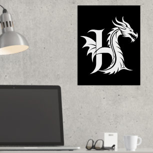 Dragon Styled Letter H, Dragon Alphabet, Monogram Foil Prints