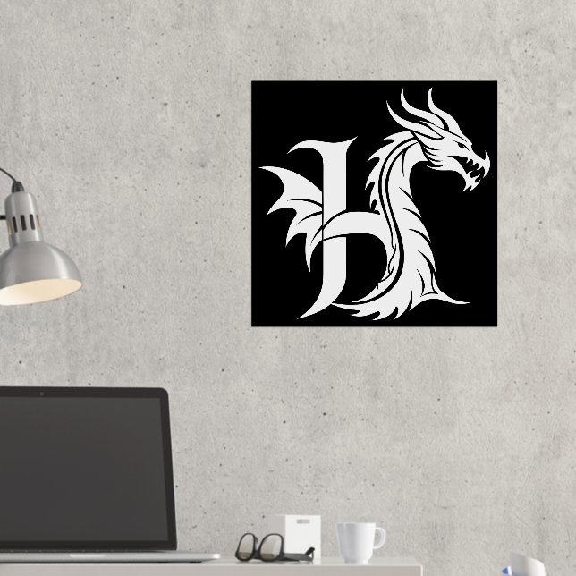 Dragon Styled Letter H, Dragon Alphabet, Monogram Foil Prints (In Situ (Desk 2))