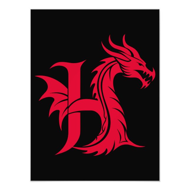 Dragon Styled Letter H, Dragon Alphabet, Monogram Photo Print (Front)