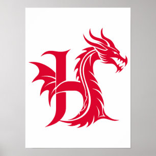 Dragon Styled Letter H, Dragon Alphabet, Monogram Poster