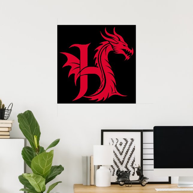 Dragon Styled Letter H, Dragon Alphabet, Monogram Poster (Home Office)