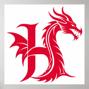 Dragon Styled Letter H, Dragon Alphabet, Monogram Poster