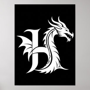 Dragon Styled Letter H, Dragon Alphabet, Monogram Poster