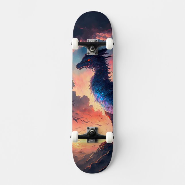 Dragon Sunset with Orange and Purple Hues Skateboard (Front)