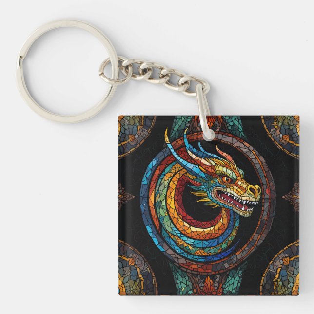 Dragon Swirl in multi colored mosaic design Key Ring (Front)