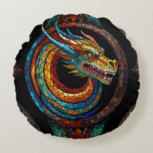 Dragon Swirl in multi coloured mosaic design Round Cushion