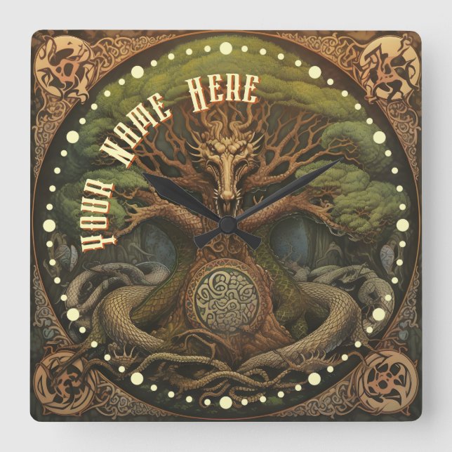 Dragon Tattoo Inspired Celtic Viking Art Square Wall Clock (Front)