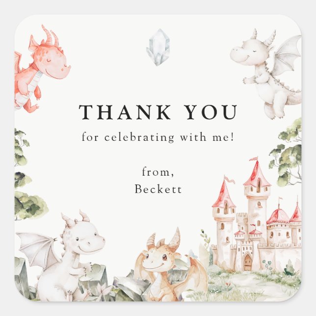Dragon Theme Birthday Party Thank You Square Sticker (Front)
