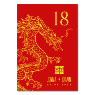 Dragon Theme Double Happiness   Gold on Red Table Number