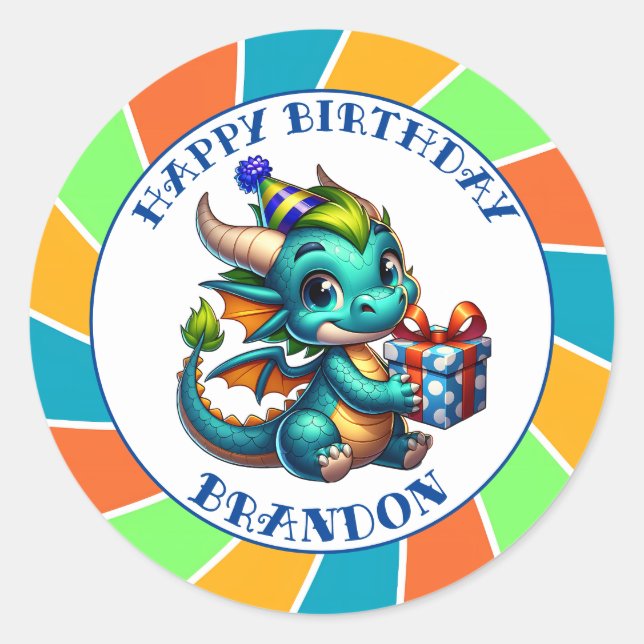 Dragon Themed Boy's Birthday Party Classic Round Sticker (Front)