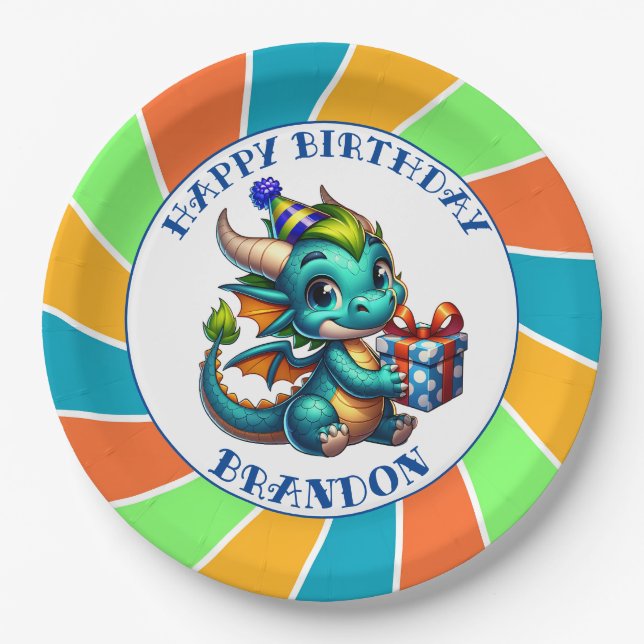 Dragon Themed Boy's Birthday Party Paper Plate (Front)