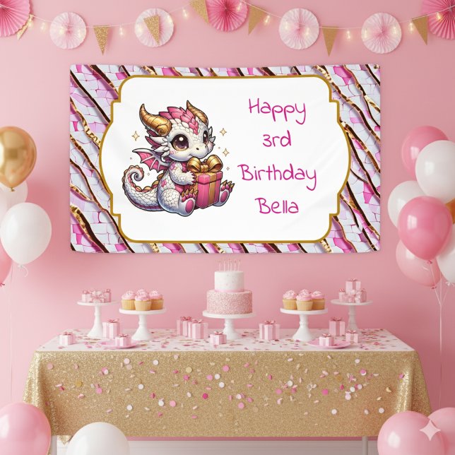 Dragon Themed Pink and Gold Personalised Birthday Banner (Creator Uploaded)