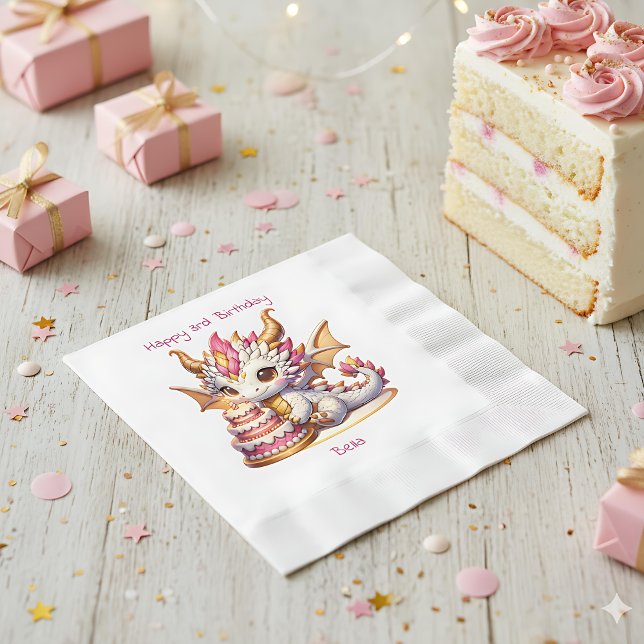 Dragon Themed Pink and Gold Personalised Birthday Napkin (Creator Uploaded)