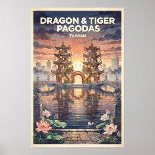 Dragon & Tiger Pagodas Taiwan Vintage Travel Poster