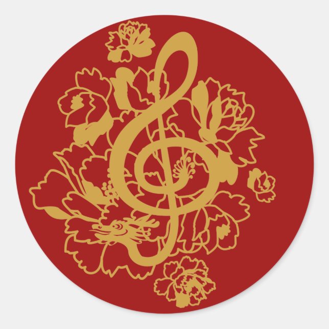 Dragon Treble Clef  Peonies Music Design Sticker (Front)