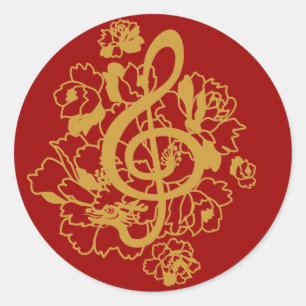 Dragon Treble Clef Peonies Music Design Sticker