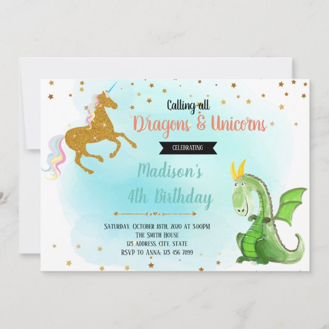 Dragon unicorn party invitation (Front)