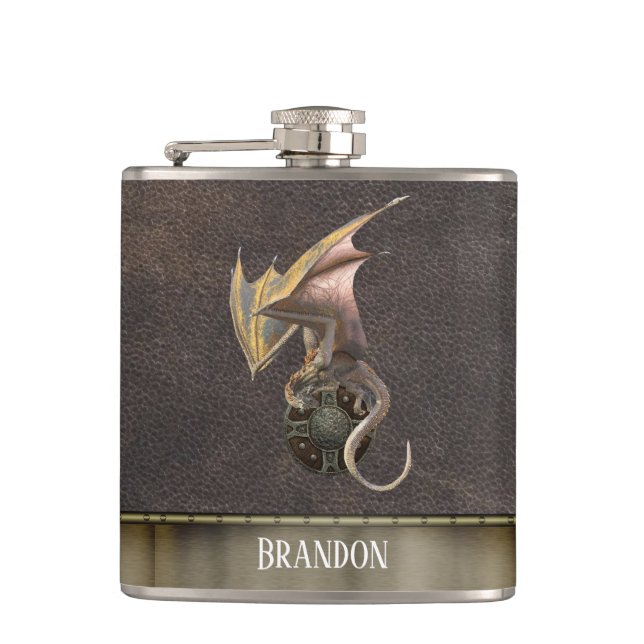 Dragon Viking Shield Leather Look Copper Hip Flask (Front)